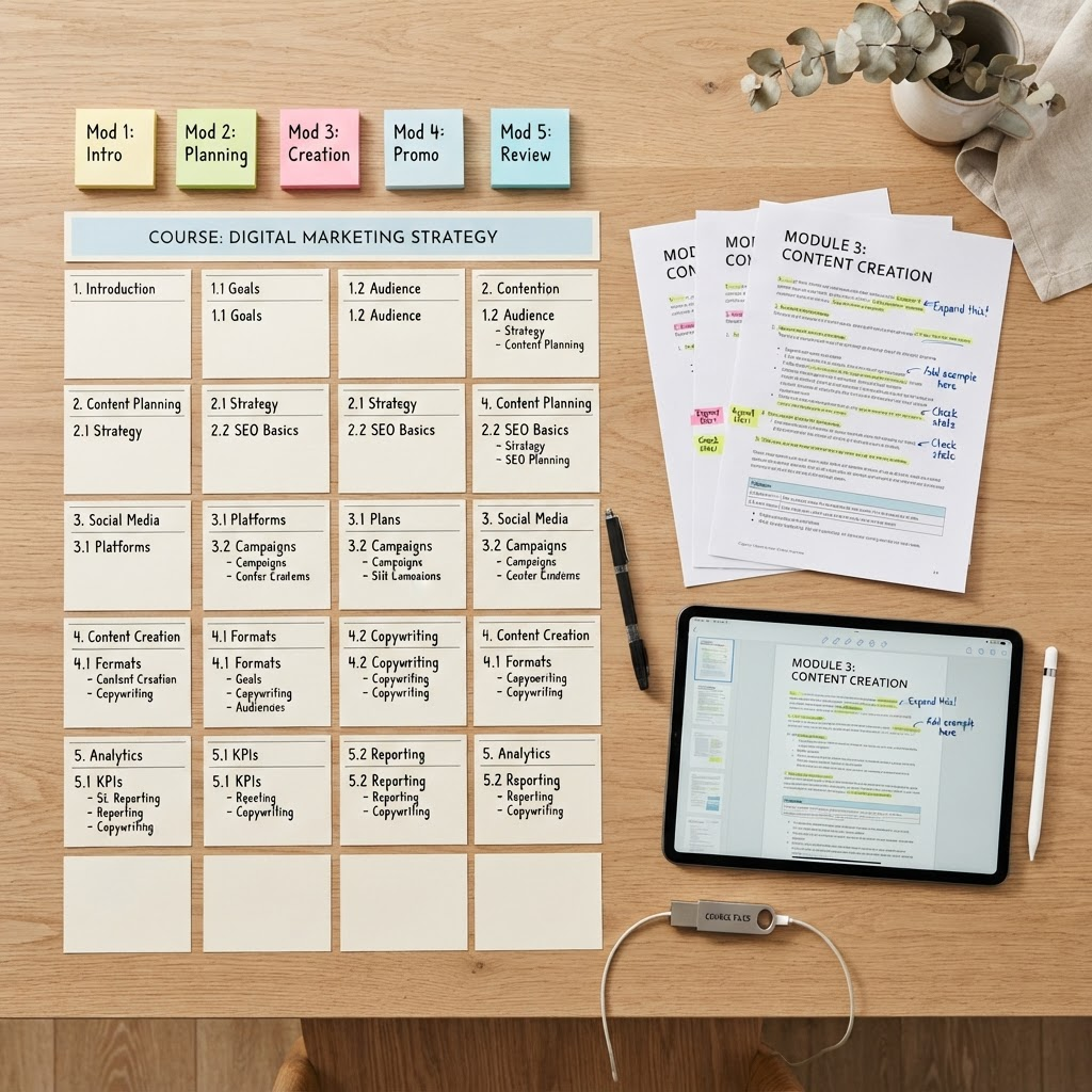 Organised course production materials: outline cards, edited chapters, and formatted worksheets laid out on a desk